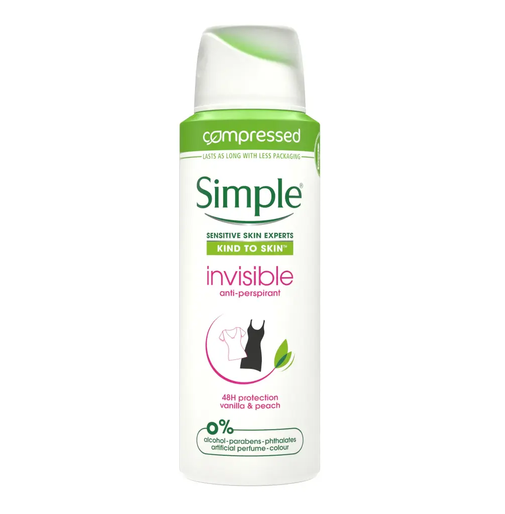 SIMPLE - INVISIBLE ANTI PERSPIRANT SPRAY 48H PROTECTION VANILLA & PEACH 125ML