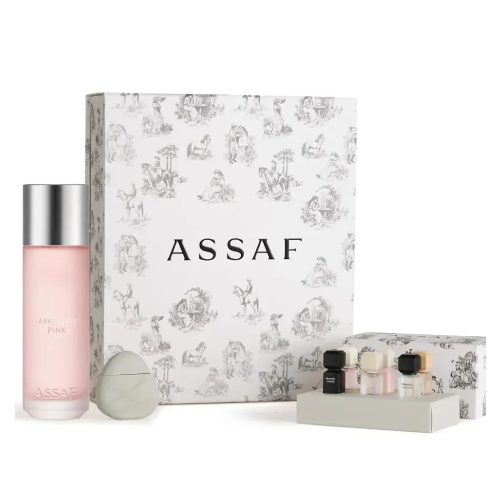 ASSAF - GIFT SET ARROGATE PINK 200ML + 6 MINI PERFUMES*5ML + HAND AND BODY LOTION 50G + ASSAF SCARF