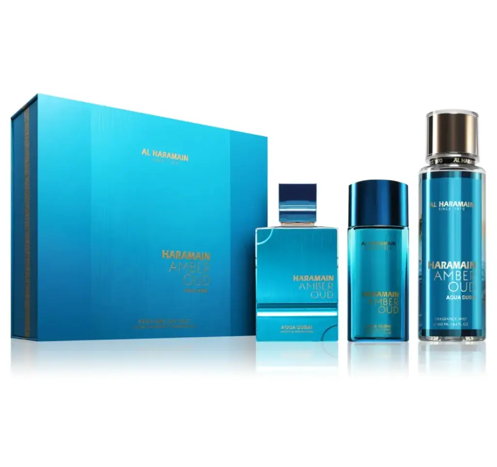 AL HARAMAIN - GIFT SET AMBER OUD AQUA DUBAI EXTRAIT DE PARFUM 75ML + 30ML + FRAGRANCE MIST 250ML