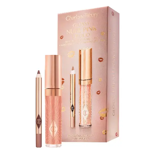 CHARLOTTE TILBURY - GLOSSY NUDE PINK LIP DUO MINI LIP CHEAT ICONIC NUDE 0.8G + MINI COLLAGEN LIP BATH PILLOW TALK 2.6ML
