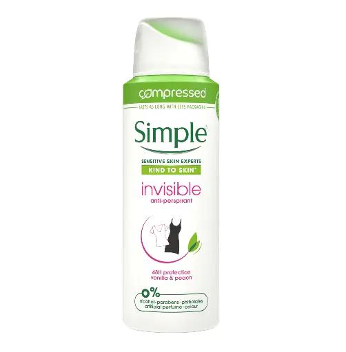 SIMPLE - INVISIBLE ANTI PERSPIRANT SPRAY 48H PROTECTION VANILLA & PEACH 125ML